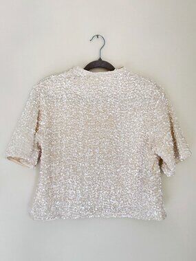 Ivory Sequin Mock Neck Short Sleeve Top Worn Once Perfect Condition MSRP $40